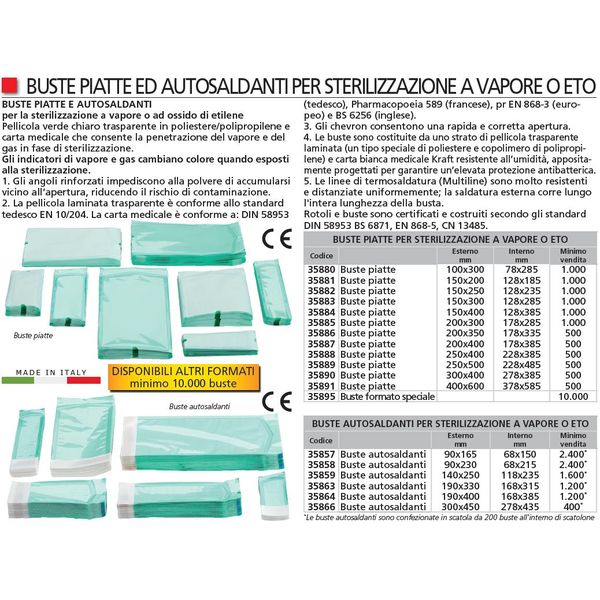 BUSTE PER STERILIZZAZIONE AUTOCLAVE PIATTE NON AUTOSALDANTI - 15x20cm - conf.1000pz