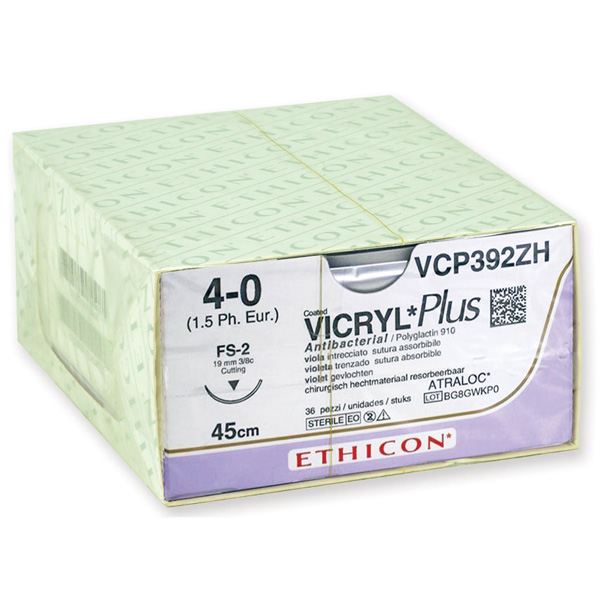 SUTURA MONOFILAMENTO ETHICON VICRYL PLUS ASSORBIBILE antibatteriche in polyglactin 910 - 4/0 ago 19mm - 45cm - conf.36pz