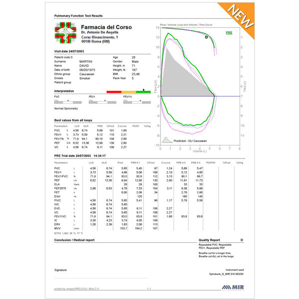 SPIROMETRO MIR TOUCHSCREEN SPIROLAB 7 con SpO2, display a colori, stampante e software PC