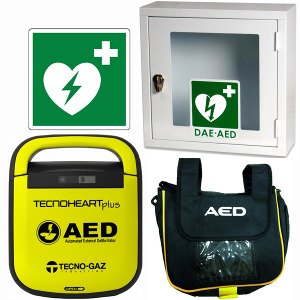 KIT DEFIBRILLATORE DAE SEMIAUTOMATICO TECNO-GAZ TECNOHEART PLUS completo di accessori + TECA + CARTELLO