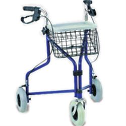 DEAMBULATORE PIEGHEVOLE DA ESTERNO / ROLLATOR - 3 RUOTE con freni a mano - cestello e vassoio - portata 120kg - blu