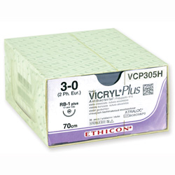 SUTURA MONOFILAMENTO ETHICON VICRYL PLUS ASSORBIBILE antibatteriche in polyglactin 910 - 3/0 ago 17mm - 70cm - conf.36pz 