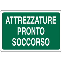 CARTELLO SEGNALETICO PRESENZA ATTREZZATURE DI PRONTO SOCCORSO in alluminio - 30x20cm