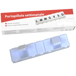 PORTAPILLOLE SETTIMANALE MULTILINGUA - 7 scomparti - 13x2,5x2cm - bianco