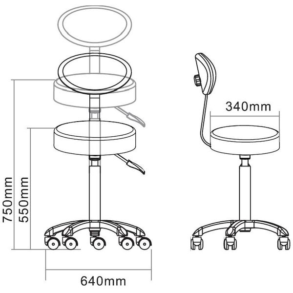 SGABELLO GIREVOLE CON SEDILE E SCHIENALE in similpelle - seduta Ø34cm - h.55-75cm - vari colori