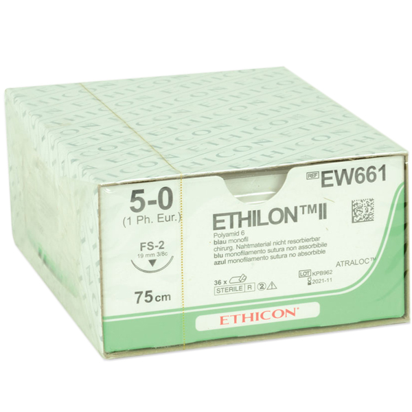 SUTURA MONOFILAMENTO ETHICON ETHILON NON ASSORBIBILE in Nylon - lunghezza 75cm - blu - Ago 3/8 19mm - 5/0 Gauge - Conf. 36pz