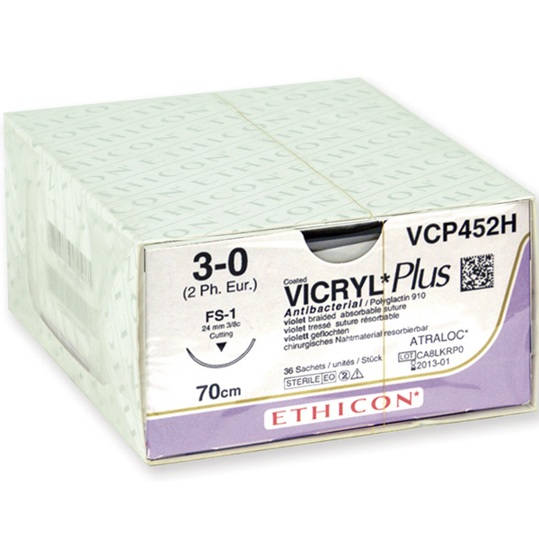 SUTURA MONOFILAMENTO ETHICON VICRYL PLUS ASSORBIBILE antibatteriche in polyglactin 910 - 2/0 ago 24mm - 70cm - Conf.36pz