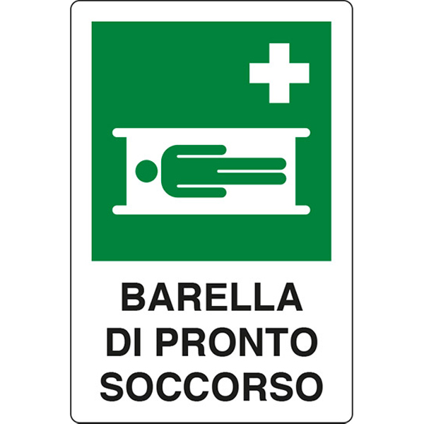 CARTELLO SEGNALETICO PRESENZA BARELLA DI PRONTO SOCCORSO in alluminio - 31x25cm