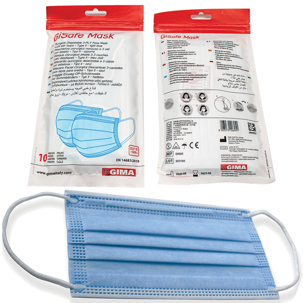 MASCHERINA FACCIALE CHIRURGICA 3 VELI ADULTO - filtrante 98% - tipo II R con elastici - azzurra - conf. 10pz