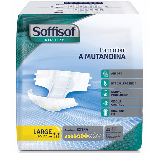 PANNOLONI ASSORBENTI PER INCONTINENZA MODERATA SOFFISOFT AIR DRY - giorno - conf.90pz - varie misure 