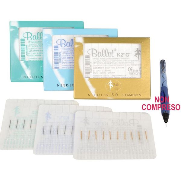 AGHI STERILI ELETTROLISI EPILAZIONE BALLET GOLD / INOX / ISOLATI - K2 / K3 - conf. 50pz - vari modelli
