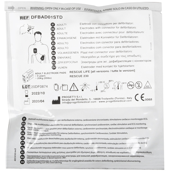 COPPIA PIASTRE ELETTRODI MONOPAZIENTE PER DEFIBRILLATORI RESCUE 230 / RESCUE LIFE - adulti - originali