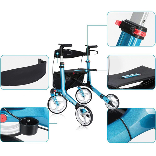 DEAMBULATORE PIEGHEVOLE LEGGERO DA ESTERNO / ROLLATOR - 4 ruote con freni mano - sedile cestello - portata 136kg