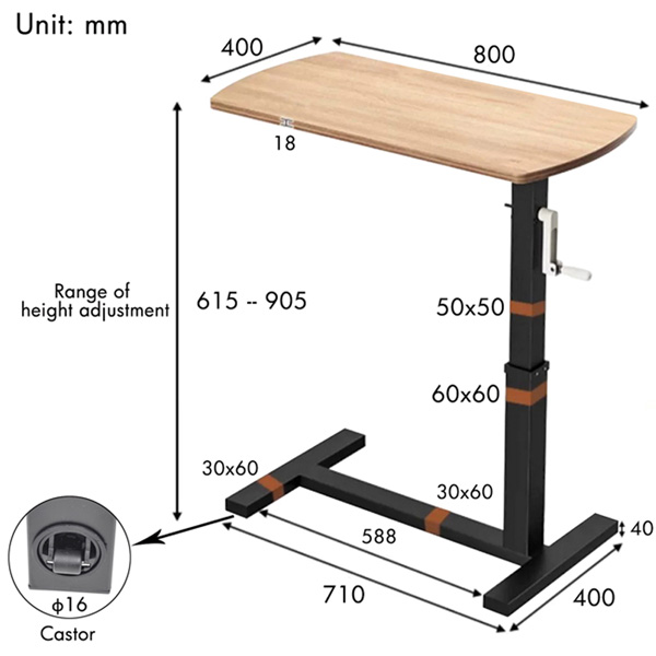 TAVOLINO SERVITORE DA LETTO in acciaio e MDF - 4 ruote 