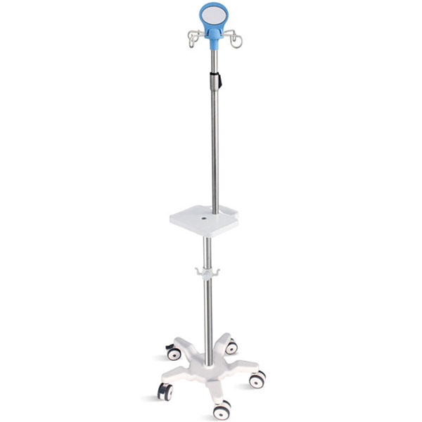 ASTA POMPA INFUSIONALE 4 GANCI in acciaio inox - 5 ruote - con manico e ripiano