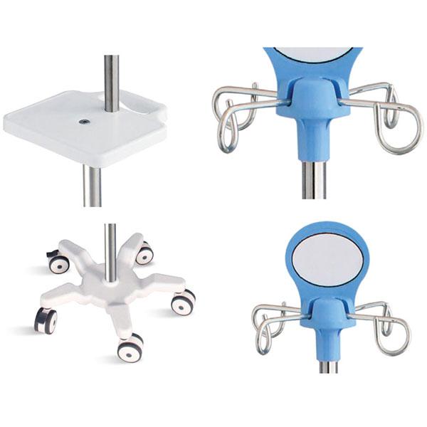 ASTA POMPA INFUSIONALE 4 GANCI in acciaio inox - 5 ruote - con manico e ripiano