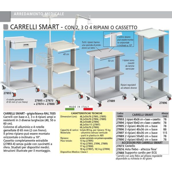 CARRELLO SMART - 2 ripiani 60x42cm + base - dimensioni 68,2x50xh.78cm