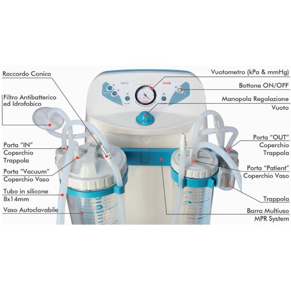ASPIRATORE CHIRURGICO HOSPI PLUS FULL MPR - con pedale - 230V - 2x5lt - 90lt/min