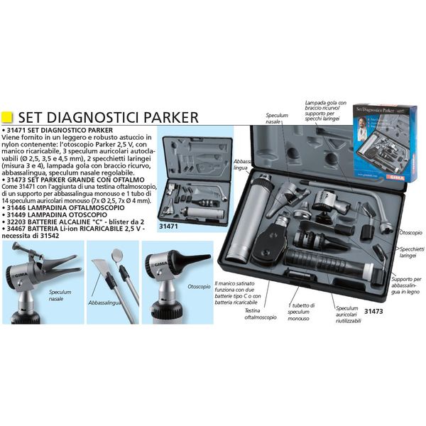 KIT OTOSCOPIO OFTALMOSCOPIO PARKER / SET DIAGNOSTICA - con 24 speculum - con astuccio