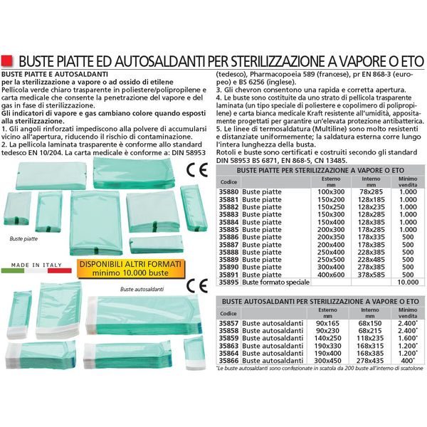 BUSTE PER STERILIZZAZIONE AUTOCLAVE PIATTE NON AUTOSALDANTI - 10x30cm - conf.1000pz