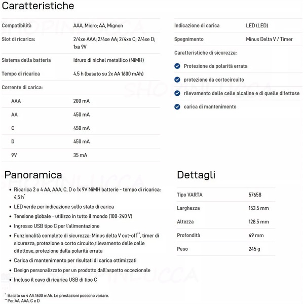 CARICABATTERIE UNIVERSALE 230V - VARTA - base di ricarica pile