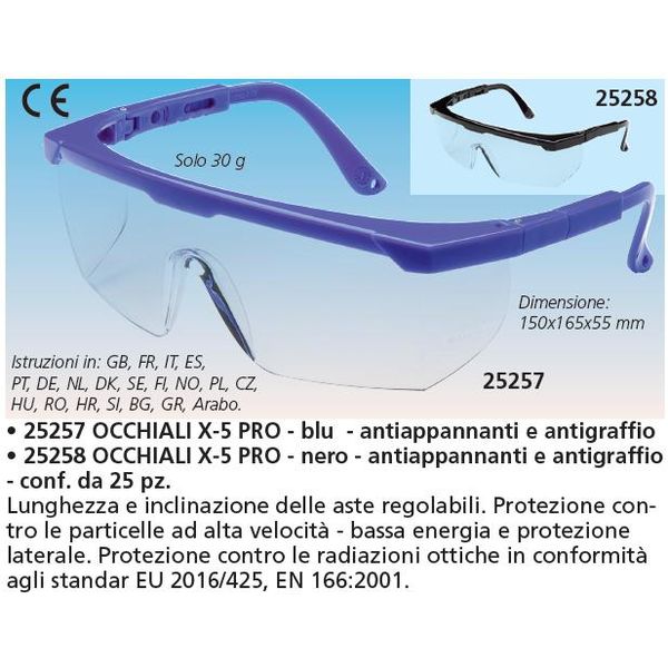 OCCHIALI DI SICUREZZA A PROTEZIONE LATERALE X5-PRO per radiazioni ottiche - antiappannanti - blu