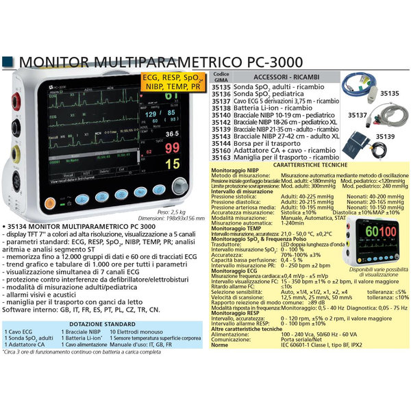 MONITOR MULTIPARAMETRICO PAZIENTE PC-3000 - display 7" a colori - con SpO2, NIBP, TEMP, ECG, RESP